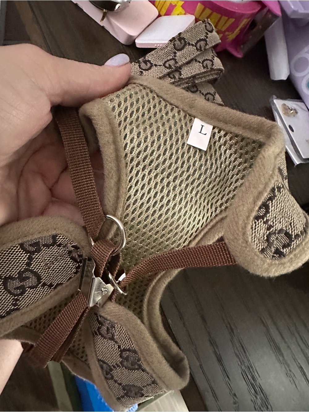 Designer-Inspired Brown Monogram Dog Harness and Leash Set - Picture 3 of 5